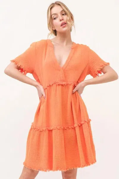 Truedames Washed Frayed Detail Tiered Dress In Orange