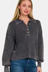 Truedames Washed Half Button Long Sleeve Sweater In Gray