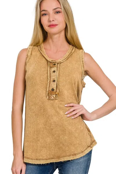 Truedames Washed Half-button Raw Edge Sleeveless Henley Top In Gold