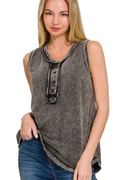 Truedames Washed Half-button Raw Edge Sleeveless Henley Top In Gray