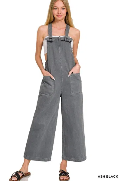 Truedames Washed Knot Strap Pockets Jumpsuit In Gray