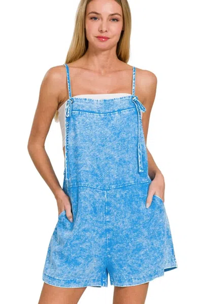Truedames Washed Linen Knot Strap Rompers In Blue