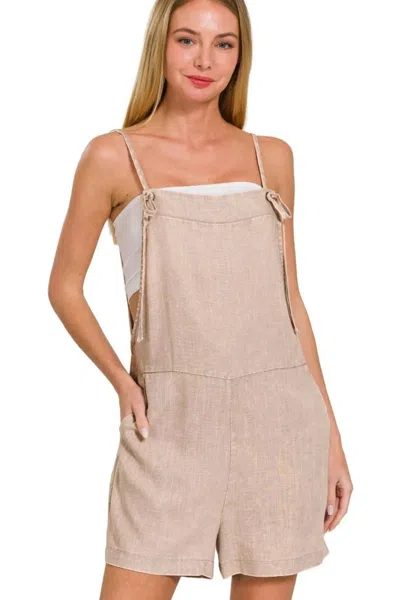 Truedames Washed Linen Knot Strap Rompers In Nude