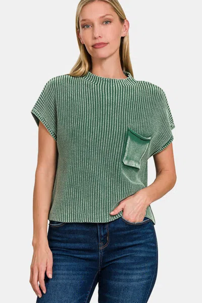 Truedames Washed Mock Neck Short Sleeve Cropped Sweater In Green