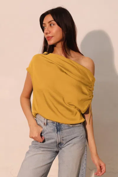 Truedames Washed Poly Silk Asymmetrical Drawstring Top In Yellow