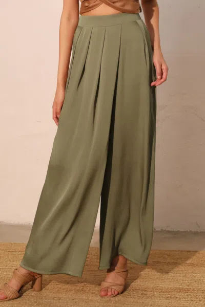 Truedames Washed Poly Silk Asymmetrical Pleated Pants In Green