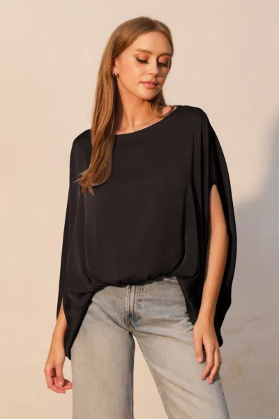 Truedames Washed Poly Silk Boat Neck Caftan Top In Black