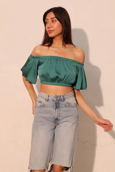 Truedames Washed Poly Silk Bubble Sleeve Crop Top In Green