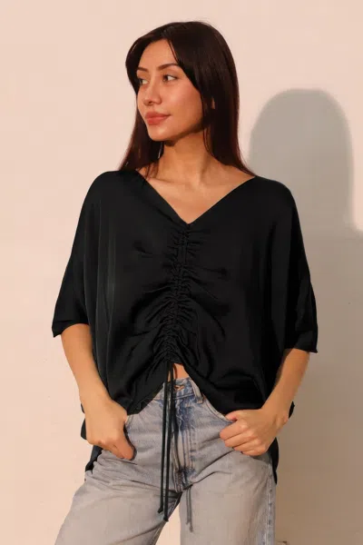 Truedames Washed Poly Silk Drawstring Dolman Top In Black