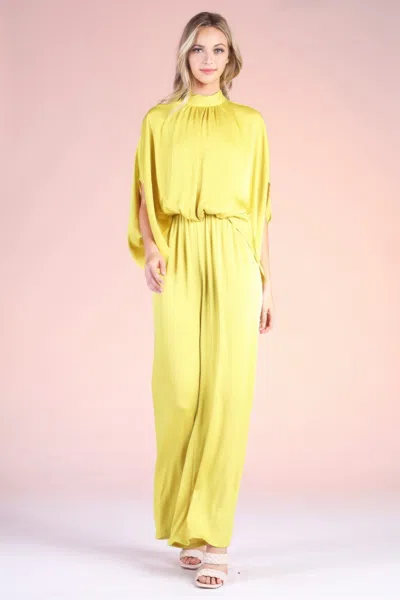 Truedames Washed Poly Silk Mock Neck Caftan Jumpsuit In Yellow