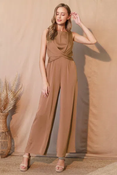 Truedames Washed Poly Silk Twist Front Jumpsuit In Brown