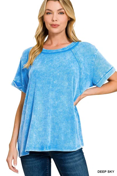 Truedames Washed Ribbed Cuffed Short Sleeve Round Neck Top In Blue