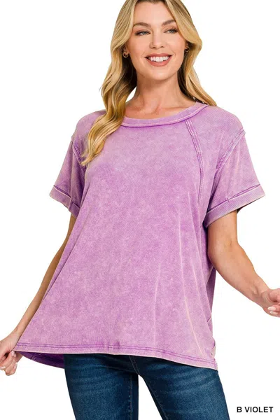 Truedames Washed Ribbed Cuffed Short Sleeve Round Neck Top In Purple