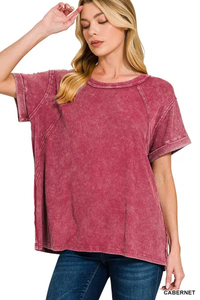 Truedames Washed Ribbed Cuffed Short Sleeve Round Neck Top In Brown