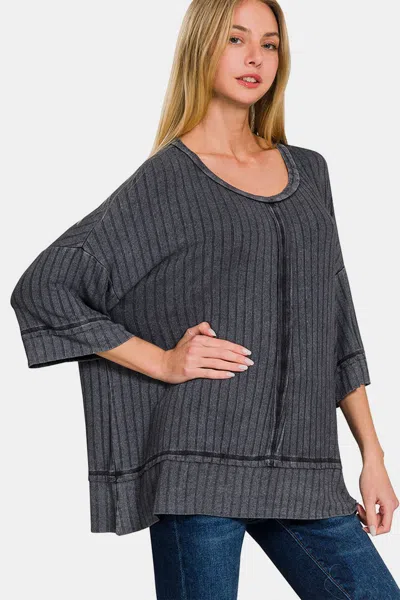 Truedames Washed Ribbed Drop Shoulder Half Sleeve Top In Gray