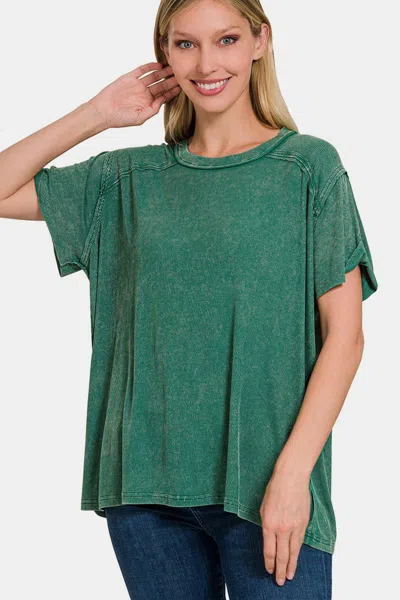 Truedames Washed Ribbed Short Sleeve Top In Green