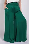 Truedames Washed Satin Wide Pants With Waist Smocked In Green