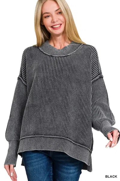 Truedames Washed Side Slit Oversized Sweater In Black