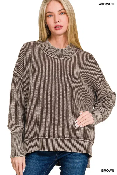 Truedames Washed Side Slit Oversized Sweater In Brown