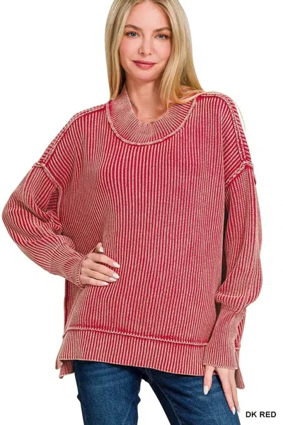 Truedames Washed Side Slit Oversized Sweater In Red