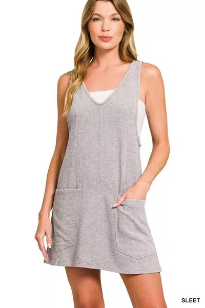 Truedames Washed Slub Adjustable Strap Overall Dress In Gray