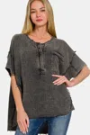 Truedames Washed Texture Half Button T-shirt In Gray