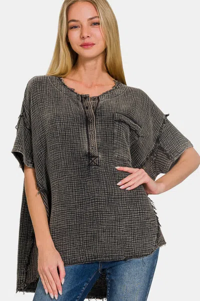 Truedames Washed Texture Half Button T-shirt In Gray