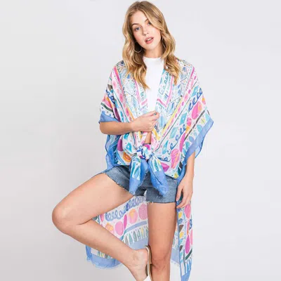 Truedames Watercolor Boho Geometric Print Kimono Poncho In White