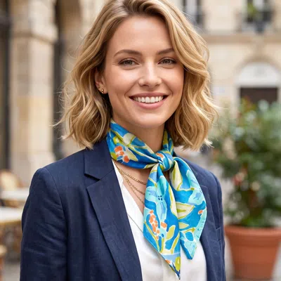 Truedames Watercolor Floral Bloom Pattern Square Bandana Scarf In Blue