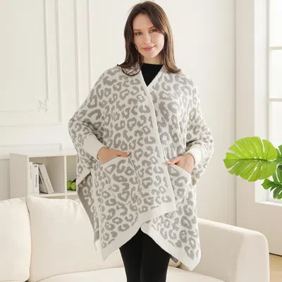 Truedames Wearable Leopard Print Blanket Poncho In Grey