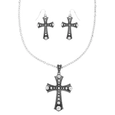 Truedames Western Bubble Beaded Cross Necklace Set In Gray