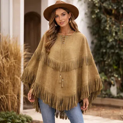 Truedames Western Fringe Poncho In Brown