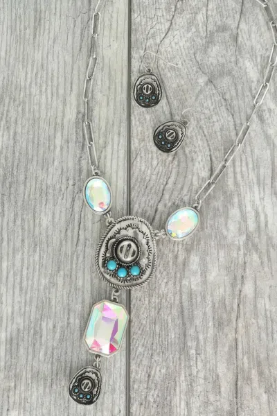 Truedames Western Gemstone Cowboy Hat Lariat Necklace Set In Silver