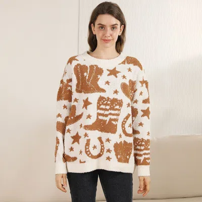 Truedames Western Pattern Crew Neck Sweater In White
