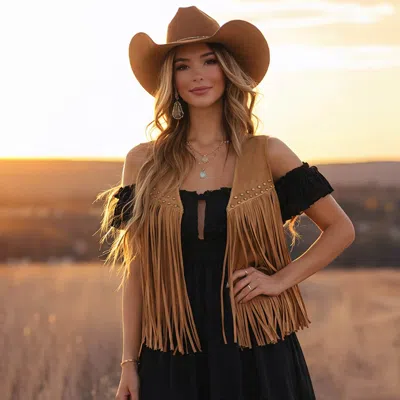 Truedames Western Studded Fringe Open Front Vest In Brown