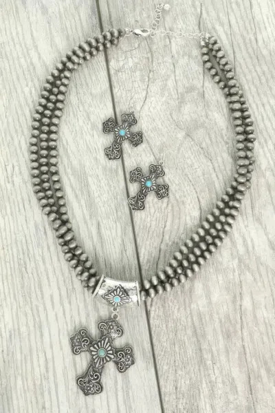 Truedames Western Turquoise Cross Necklace Set In Green