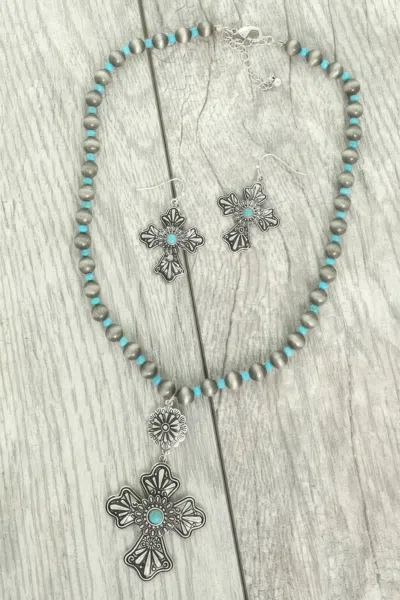 Truedames Western Turquoise Cross Necklace Set In Multi