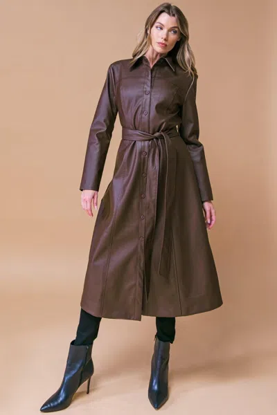 Truedames What A Wonderful Day Leather Midi Coat In Brown