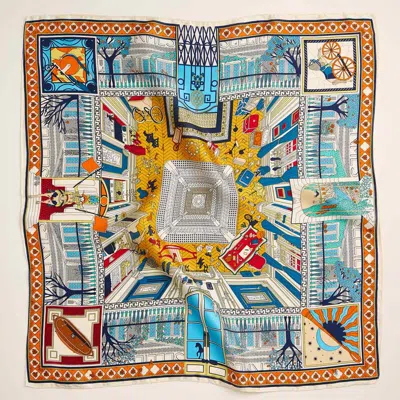 Truedames Whimsical Cityscape Printed Square Silky Satin Scarf In Multi