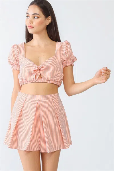 Truedames White & Orange Stripe Print Self-tie Short Sleeve Crop Top & High Waist Shorts Set In Pink