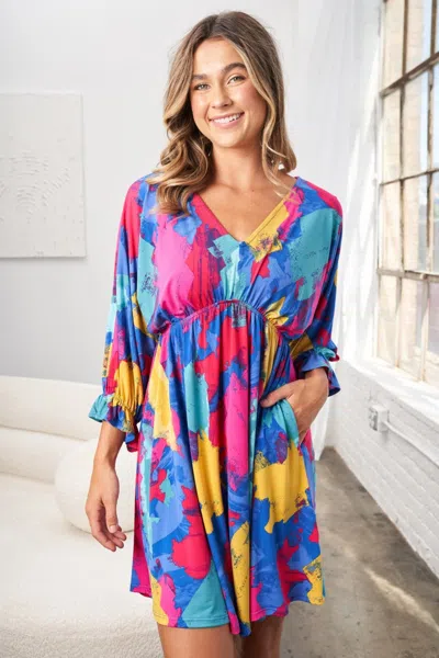 Truedames White Birch Full Size Printed V-neck Mini Dress In Multi