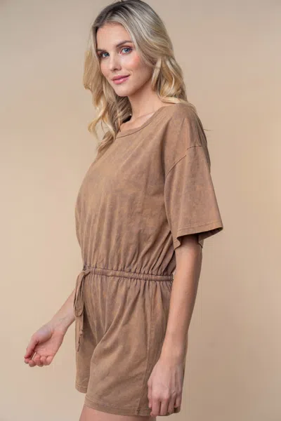 Truedames White Birch Full Size Short Sleeve Drawstring Romper In Sand