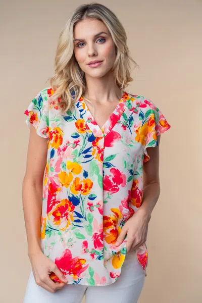 Truedames White Birch Full Size Short Sleeve Floral Woven Top In Multi