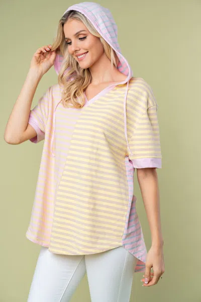 Truedames White Birch Full Size Striped Short Sleeve Drawstring Hooded Top In Purple