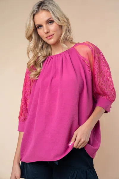 Truedames White Birch Round Neck Lace Half Sleeve Blouse In Pink