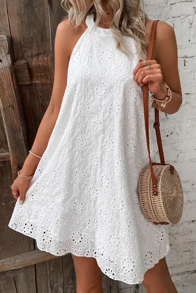 Truedames White Boho Eyelet Pattern Halter Neck Sleeveless Dress