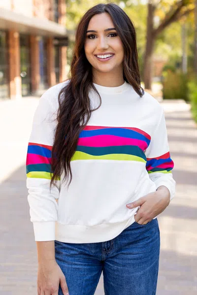 Truedames White Colorful Striped Accent Long Sleeve T Shirt