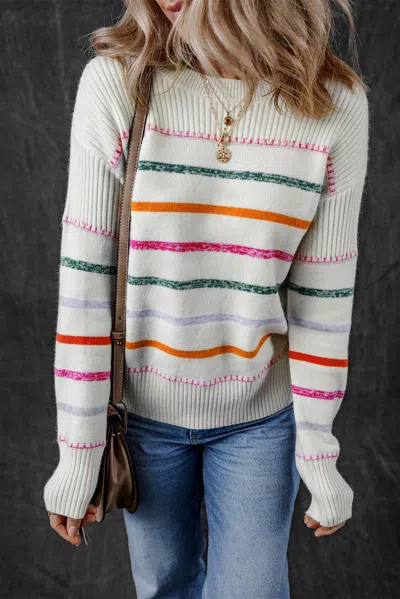 Truedames White Colorful Striped Ribbed Trim Sweater In Multi