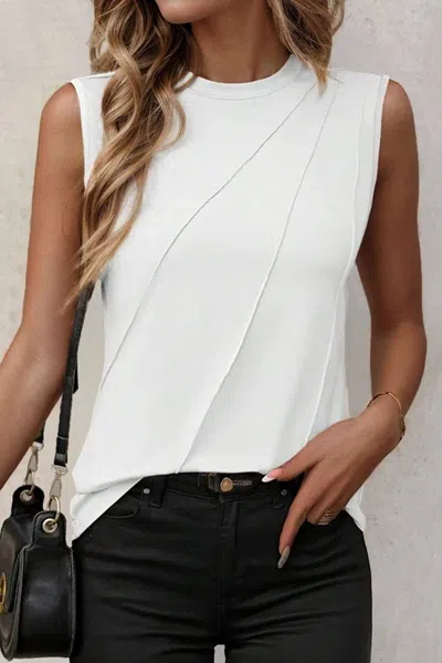 Truedames White Crew Neck Pleated Tank Top