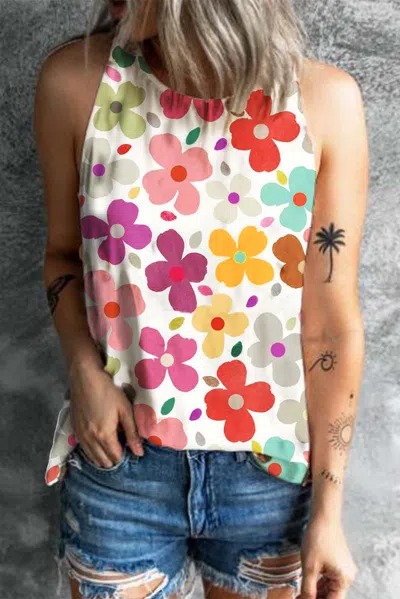 Truedames White Cute Floral Print Vest In Multi